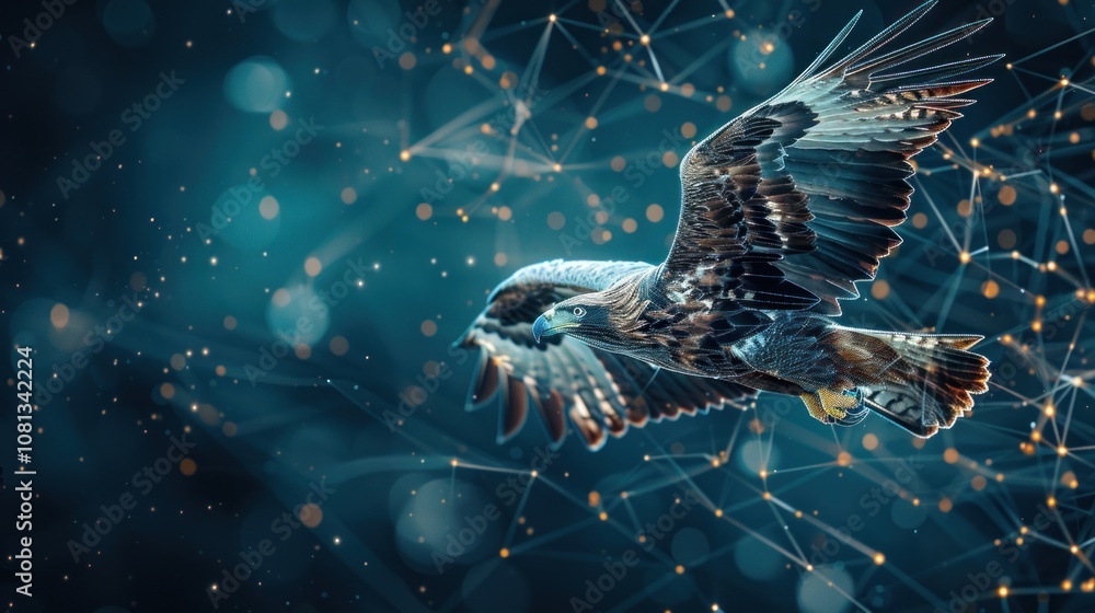 A golden eagle soars through a network of glowing lines, representing the interconnectedness of nature and technology. A golden eagle soars through a network of glowing lines, representing the interconnectedness of nature and technology.