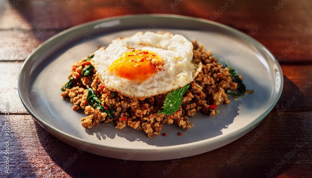 Phat Kaphrao Stir-Fried Minced Pork with Holy Basil and Fried Egg, Served in a Street Food Style Setting with Bold Flavors and a Casual Thai Vibe Phat Kaphrao Stir-Fried Minced Pork with Holy Basil and Fried Egg, Served in a Street Food Style Setting with Bold Flavors and a Casual Thai Vibe
