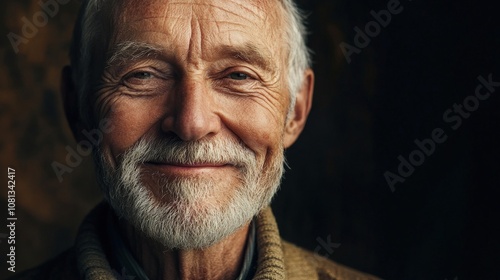 Close-up Portrait of a Smiling Elderly Man with White Hair and Beard