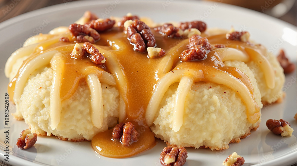 Cheesecake with caramel sauce and pecans on white plate Cheesecake with caramel sauce and pecans on white plate