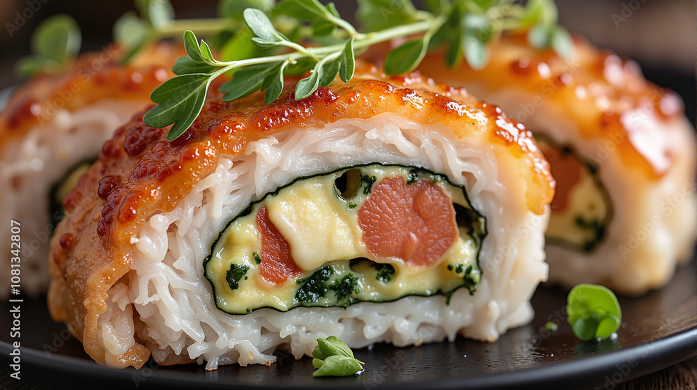 Grilled sushi roll with salmon and cream cheese filling Grilled sushi roll with salmon and cream cheese filling