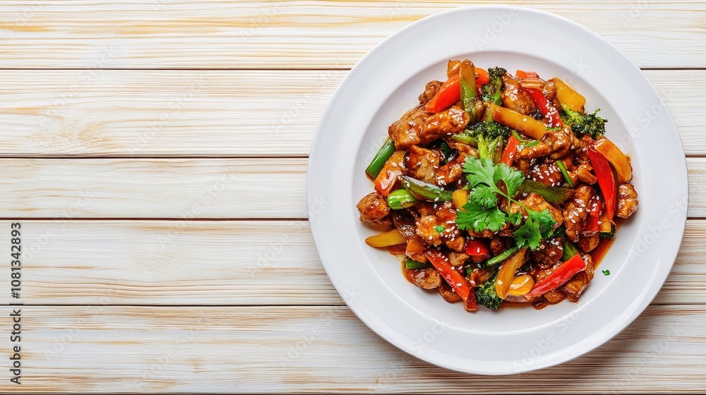 Colorful Stir-Fried Chicken with Broccoli, Bell Peppers, and Sesame Seeds on a Wooden Table Surrounded by Fresh Ingredients and Herbs Colorful Stir-Fried Chicken with Broccoli, Bell Peppers, and Sesame Seeds on a Wooden Table Surrounded by Fresh Ingredients and Herbs