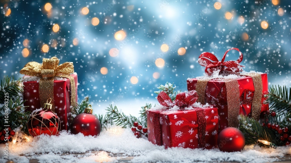 Beautiful christmas tree with present box in a winter landscape with snow Beautiful christmas tree with present box in a winter landscape with snow