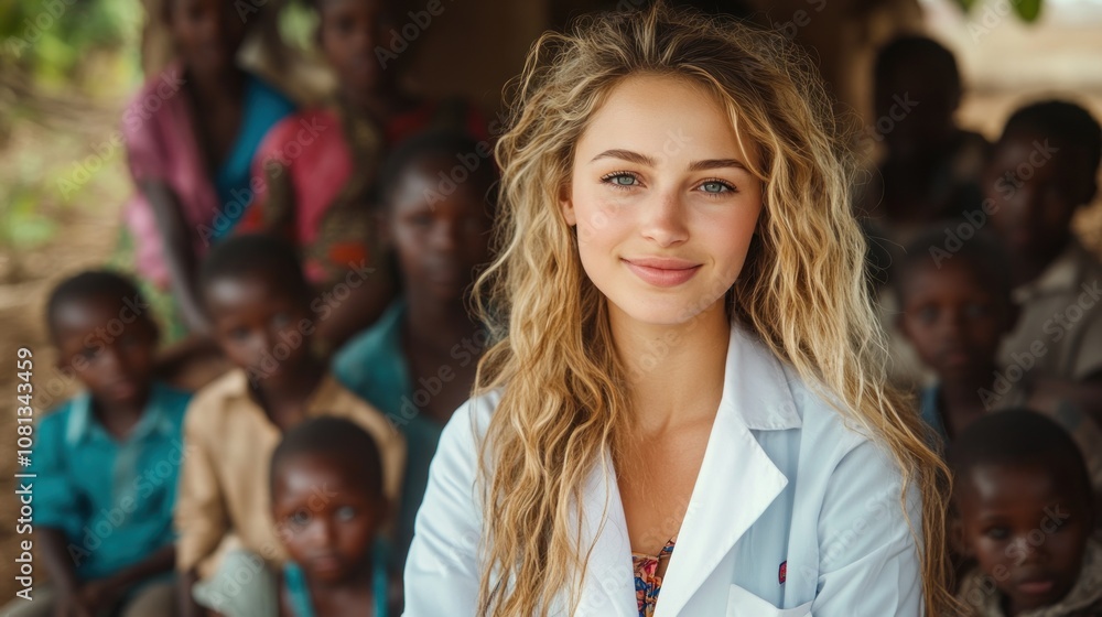 Smiling woman in a lab coat with children in background. Smiling woman in a lab coat with children in background.
