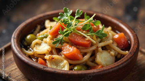 Vegetable minestrone soup in rustic wooden bowl