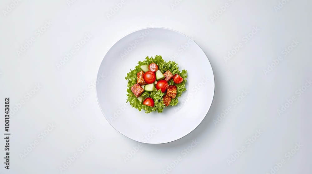 Fresh Salad Bowl with Leafy Greens, Cherry Tomatoes, Cucumbers, and Feta Cheese Served on a Minimalist White Plate Against a Light Background Fresh Salad Bowl with Leafy Greens, Cherry Tomatoes, Cucumbers, and Feta Cheese Served on a Minimalist White Plate Against a Light Background
