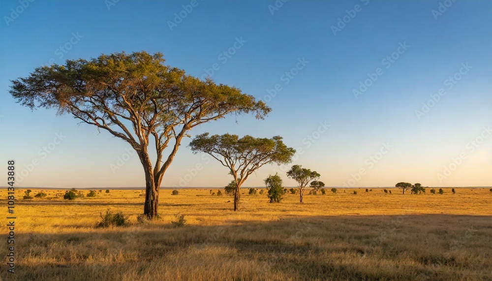 Vast Open Savannah Stretching to the Horizon, With Towering Acacia Trees Dotted Across the Landscape, Beneath a Clear Blue Sky and Gently Grazing Herds in the Distance Vast Open Savannah Stretching to the Horizon, With Towering Acacia Trees Dotted Across the Landscape, Beneath a Clear Blue Sky and Gently Grazing Herds in the Distance