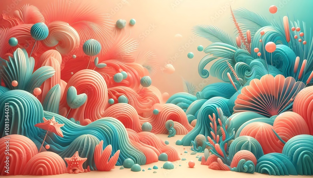 Warm tropical jelly waves in coral and teal colors, evoking beachy, relaxed atmosphere, coral abstract waves background Warm tropical jelly waves in coral and teal colors, evoking beachy, relaxed atmosphere, coral abstract waves background