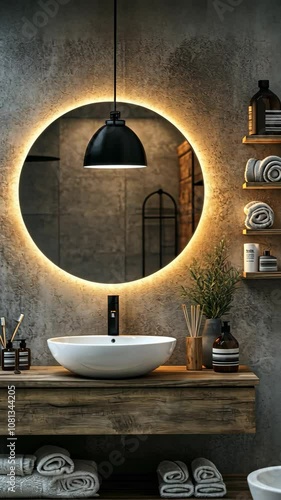 A modern bathroom with a round, illuminated mirror and a wooden vanity