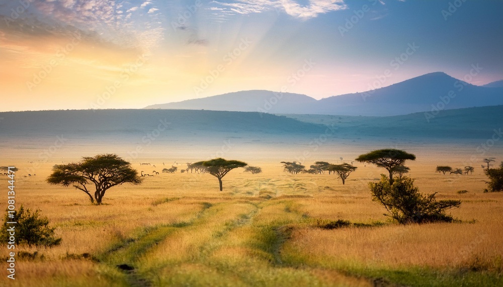 The Sweeping Savanna of the Serengeti, Tanzania, Stretching Into the Distance, Home to the Famous African Wildlife, Including Elephants, Lions, and Zebras Roaming Freely The Sweeping Savanna of the Serengeti, Tanzania, Stretching Into the Distance, Home to the Famous African Wildlife, Including Elephants, Lions, and Zebras Roaming Freely