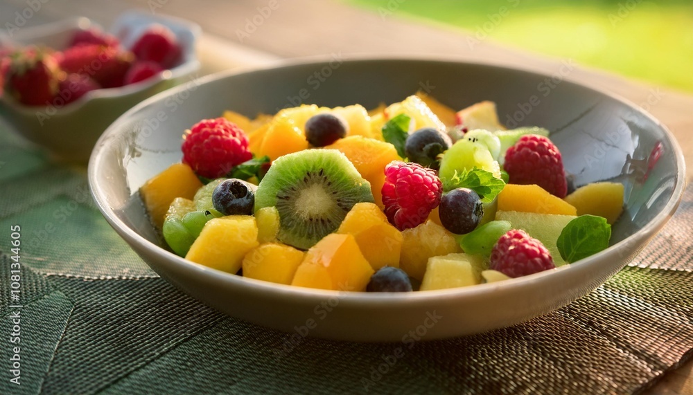Bright and Fresh Fruit Salad with Berries, Mango, and Kiwi, Served in a Sunlit Outdoor Setting with Vibrant Colors and a Tropical Vibe Bright and Fresh Fruit Salad with Berries, Mango, and Kiwi, Served in a Sunlit Outdoor Setting with Vibrant Colors and a Tropical Vibe