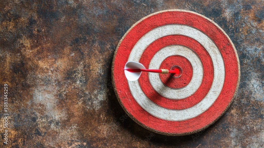 Dart stuck in the center of a rustic circular target, showcasing precision and focus on a weathered wooden background for sports and competition concepts Dart stuck in the center of a rustic circular target, showcasing precision and focus on a weathered wooden background for sports and competition concepts