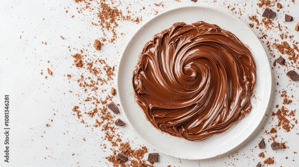 Smooth and Creamy Chocolate Spread Formed in a Swirl on a Plate Surrounded by Crushed Chocolate Pieces and Cocoa Powder for Dessert Backgrounds