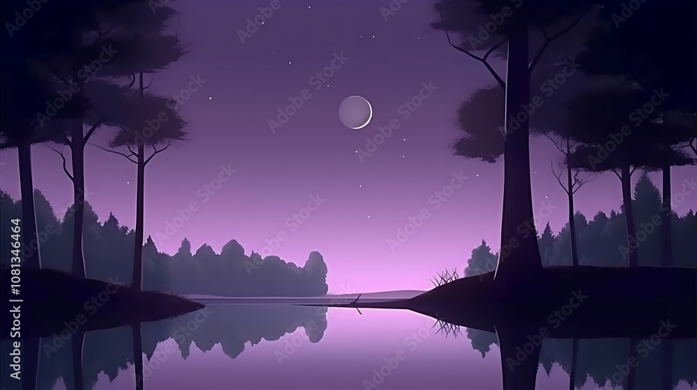 Silhouetted Trees Reflecting in a Still Lake Under a Crescent Moon and Starry Sky Silhouetted Trees Reflecting in a Still Lake Under a Crescent Moon and Starry Sky