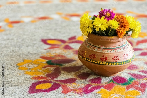 Beautifully Crafted Clay Pot Filled with Vibrant Flowers on Colorful Rangoli Background with Intricate Designs Celebrating Cultural Festivals photo