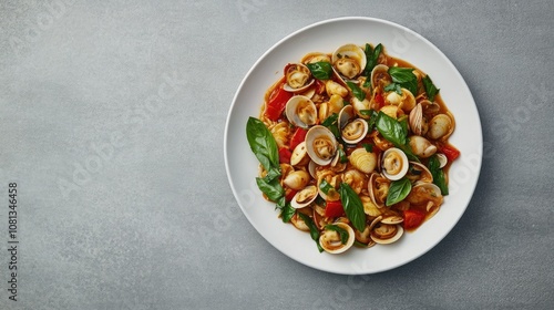 Delicious Seafood Pasta with Fresh Clams, Cherry Tomatoes, and Basil on a White Plate Against a Gray Background