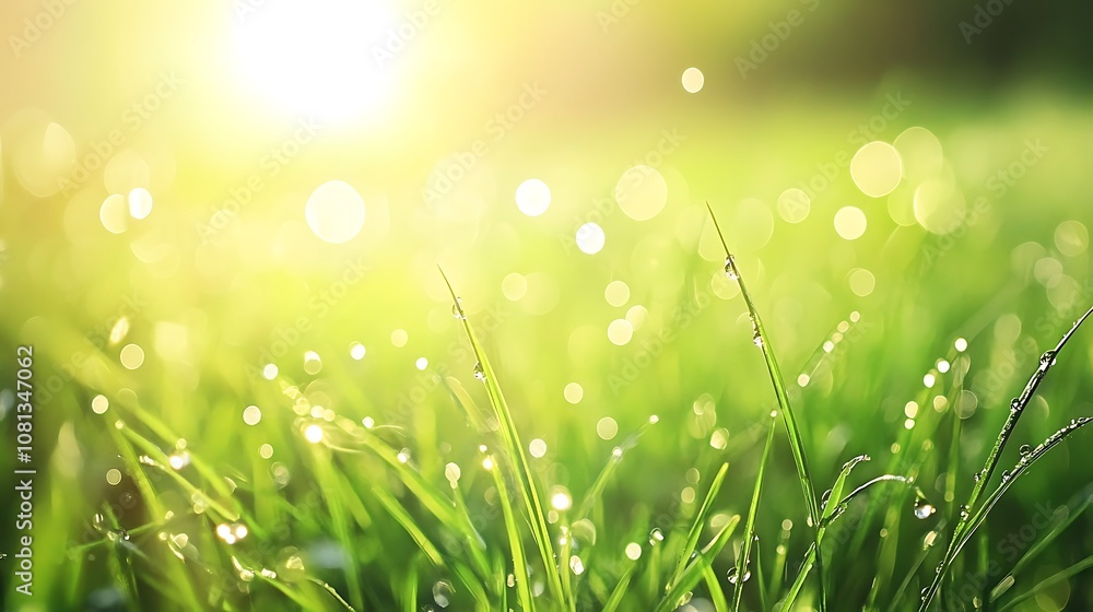 Sunlight sparkling on raindrops, creating a glowing effect on grass. Sunlight sparkling on raindrops, creating a glowing effect on grass.