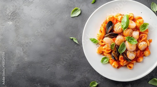 Delicious seafood pasta dish featuring small shell-shaped noodles in a rich tomato sauce garnished with fresh basil leaves on a rustic background.