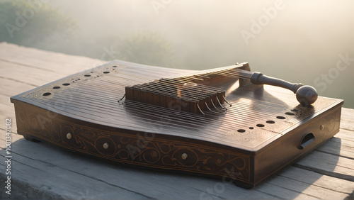 Ancient zither resonating a soft lightfilled haze photo