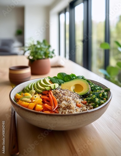 Vibrant Vegan Buddha Bowl with Quinoa, Avocado, and Colorful Vegetables, Captured in a Bright and Airy Dining Room with Natural Light and Minimalist Decor