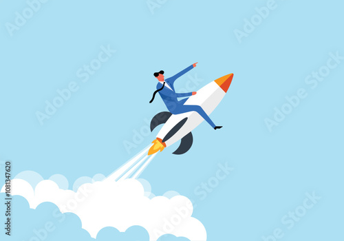 Businessman flying up with a rocket launcher, new bussines ideas new start up company, new project going up.