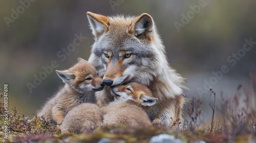 A mother wolf nuzzles her two pups in a loving embrace, with a blurred background of a forest.