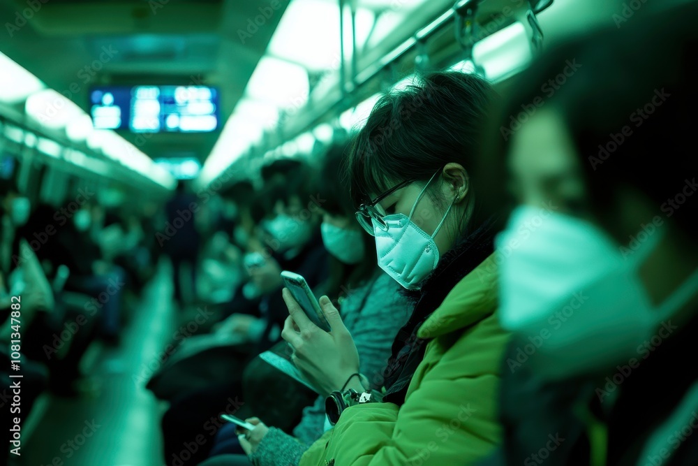 Commuters Wearing Protective Masks Using Smartphones in a Green-Tinted Subway Environment During a Busy Rush Hour, Showcasing Everyday Urban Life Commuters Wearing Protective Masks Using Smartphones in a Green-Tinted Subway Environment During a Busy Rush Hour, Showcasing Everyday Urban Life