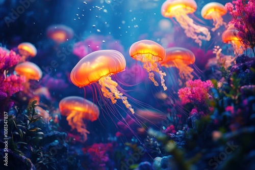 A group of bioluminescent jellyfish swim through a vibrant coral reef, their bodies glowing with a warm orange light.