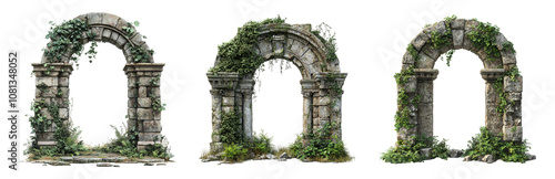 PNG Overgrown stone arches in a lush environment. Isolated on transparent background