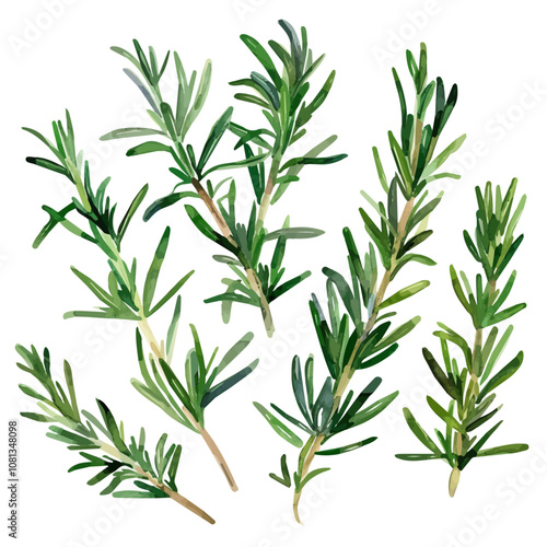 A watercolor of a set of rosemary leaves, isolated on a white background. Rosemary leaves vector.