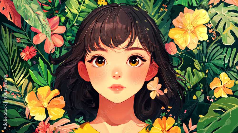 Anime girl surrounded by flowers. Anime girl surrounded by flowers.