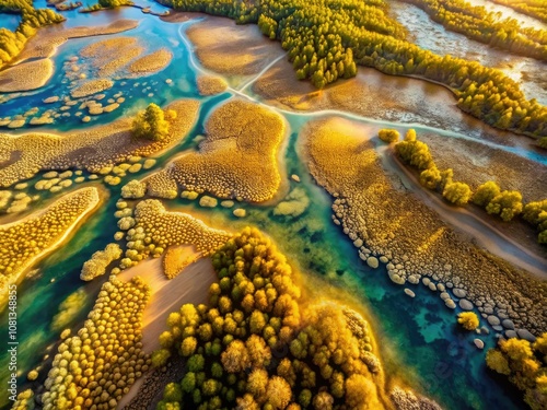 Stunning Aerial Photography of Glamorous Goldspotted Patterns in Nature, Capturing Luxurious Textures and Vibrant Colors in a Unique Perspective for Landscape Enthusiasts and Art Lovers photo