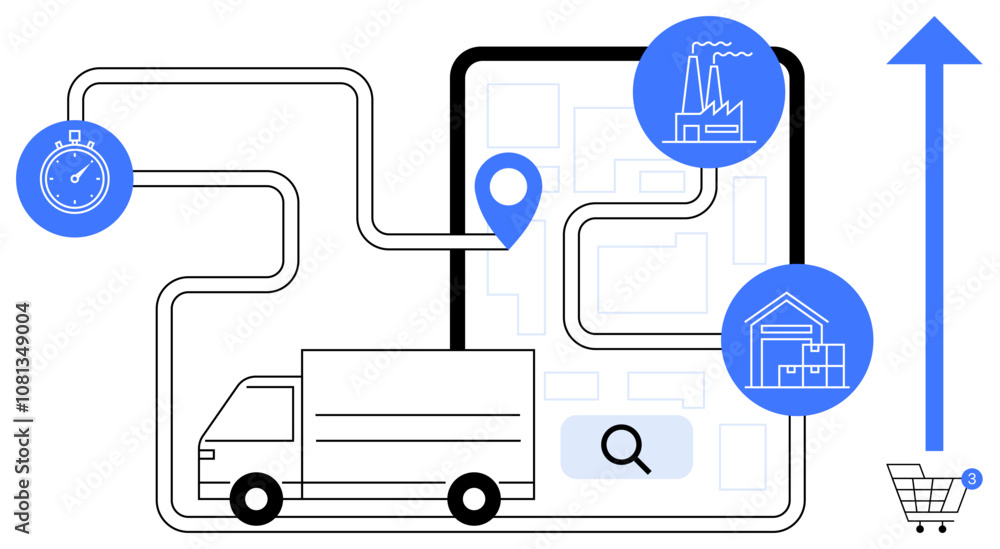 Truck following a route on a digital map with a location pin, stopwatch, warehouse, factory, search icon. Ideal for supply chain, transportation, e-commerce, shipping delivery services efficiency Truck following a route on a digital map with a location pin, stopwatch, warehouse, factory, search icon. Ideal for supply chain, transportation, e-commerce, shipping delivery services efficiency