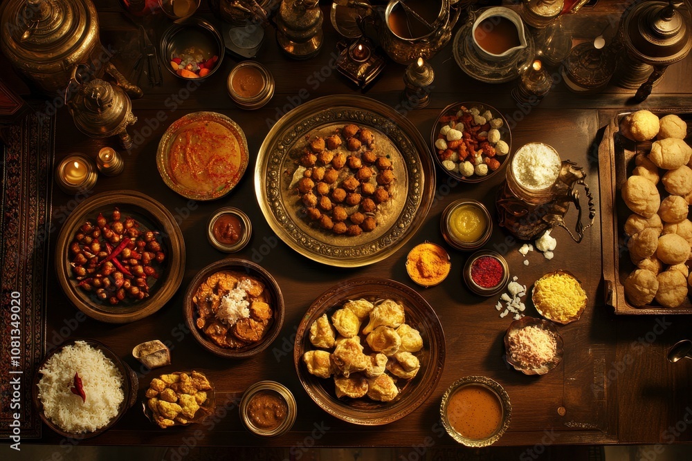Exquisite Array of Traditional Dishes on a Wooden Table with Ornate Bowls and Platters Showcasing Cultural Gastronomy and Festive Delights Exquisite Array of Traditional Dishes on a Wooden Table with Ornate Bowls and Platters Showcasing Cultural Gastronomy and Festive Delights