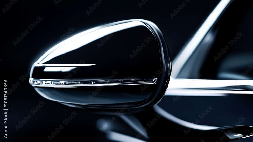 Black car side view mirror close-up. Black car side view mirror close-up.