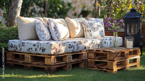 Rustic Outdoor Pallet Sofa with Floral Cushions