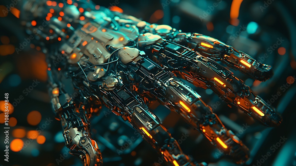 Close-up of a robotic hand with glowing orange lights and intricate details. Close-up of a robotic hand with glowing orange lights and intricate details.