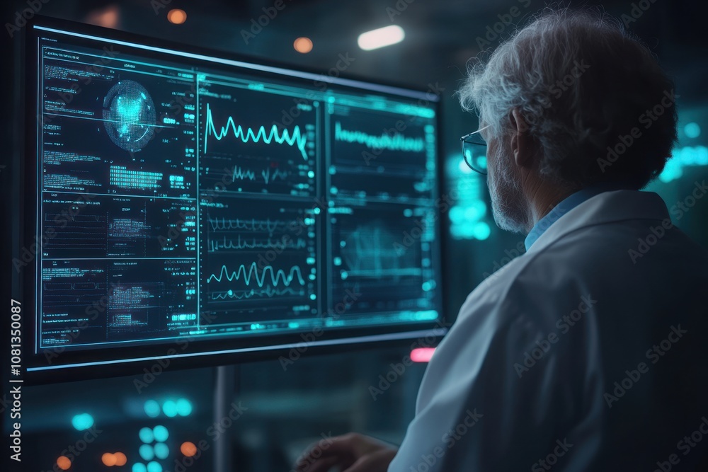 A senior scientist in a lab coat looks intently at a large computer monitor displaying a series of complex data visualizations. A senior scientist in a lab coat looks intently at a large computer monitor displaying a series of complex data visualizations.