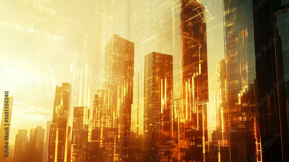 Obraz premium Digital candlestick charts and trading indicators overlay sunny skyscrapers, symbolizing growth and market trends in a vibrant financial setting. Double exposure effect. Forex trade market.