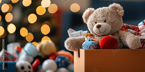 Joyful holiday donation drive community center toy collection festive environment close-up view generosity and giving spirit