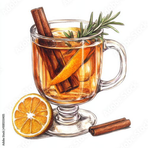 Watercolor and pencil drawing of a hot toddy cocktail with orange and cinnamon garnish