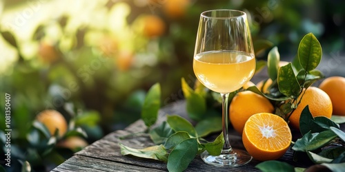 Savoring the essence of orange wine rustic wooden table beverage photography lush garden setting close-up perspective nature's delicacy