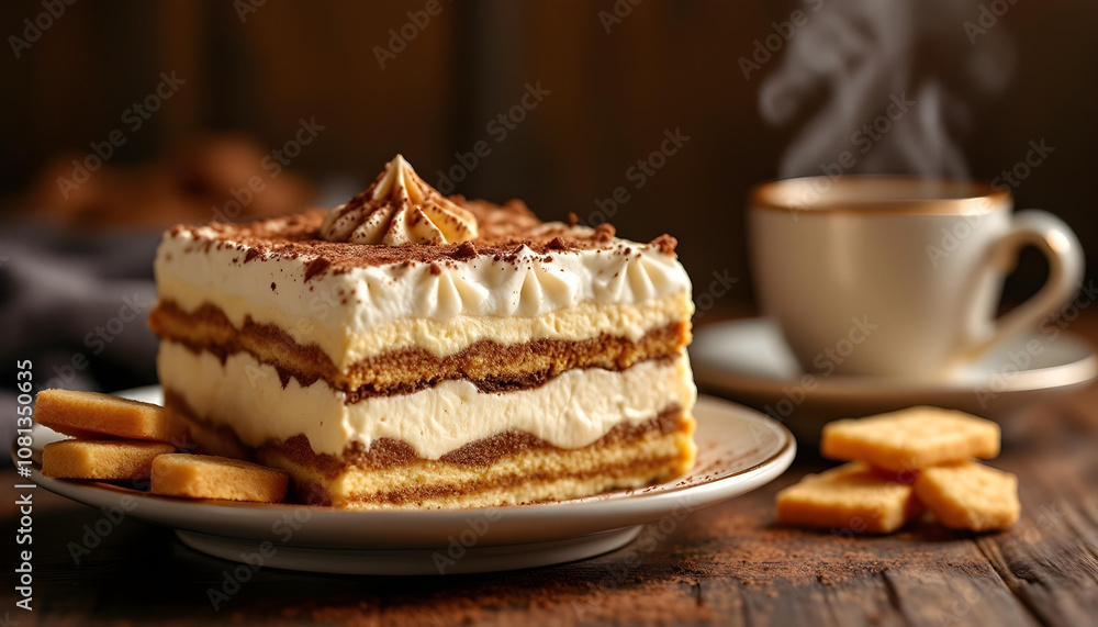 A luscious slice of tiramisu close up. Tasty dessert A luscious slice of tiramisu close up. Tasty dessert