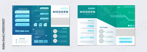 Set of abstract futuristic background for advertising brochure, flyer. Corporate trifold scientific brochure layout. Scientific cover template for presentation, banner. Modern technology design