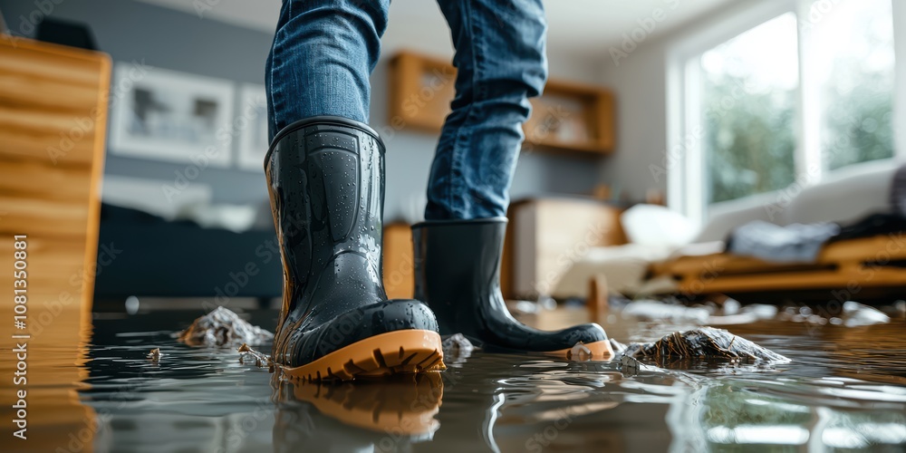 Flooded house rescue man in rubber boots navigates waterlogged home indoor environment realistic perspective resilience concept Flooded house rescue man in rubber boots navigates waterlogged home indoor environment realistic perspective resilience concept