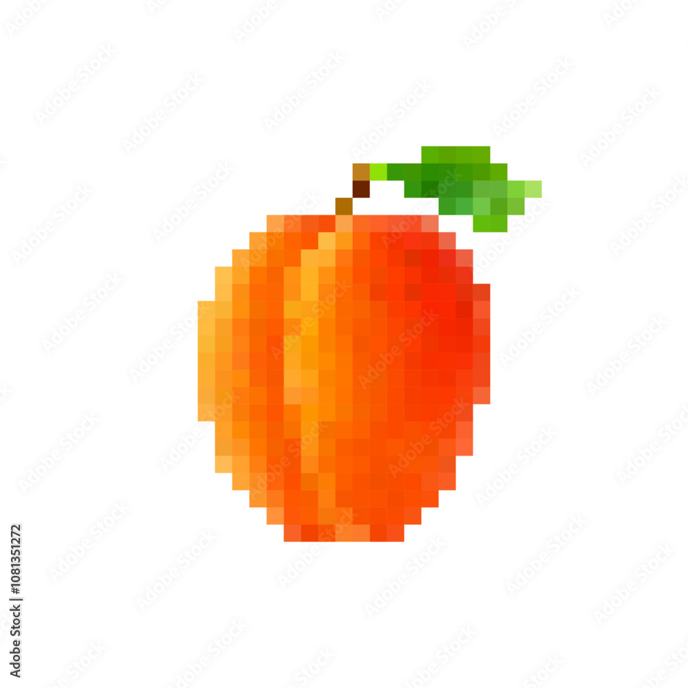 Fototapeta premium Pixel peach isolated on white background. A pixelated peach in retro 8 bit video game style. Pixel art