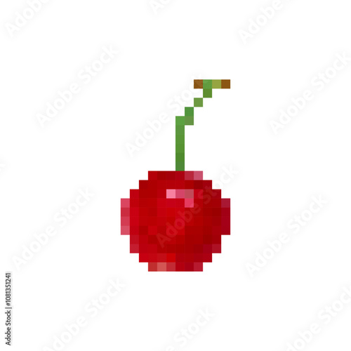 Pixel cherry isolated on white background. A pixelated cherry fruit in retro 8 bit video game style. Pixel art