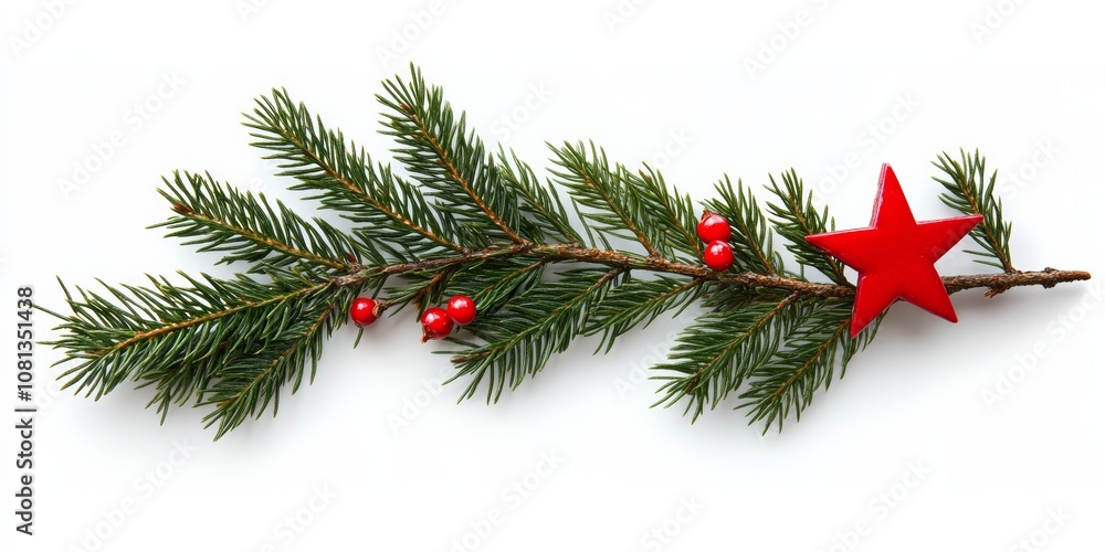 A close-up of an evergreen branch decorated with a small red star and berry, isolated on a bright white background A close-up of an evergreen branch decorated with a small red star and berry, isolated on a bright white background