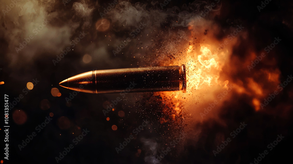 Bullet flying through air with smoke and fire behind. Bullet flying through air with smoke and fire behind.