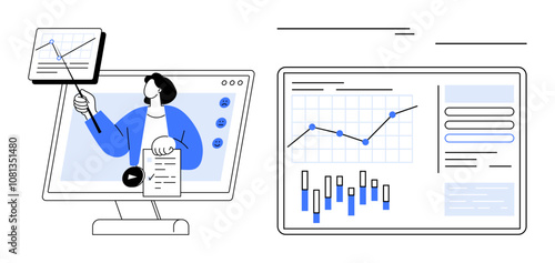 Person delivering a presentation via video call with charts and graphs displayed on computer screens. Ideal for webinars, virtual meetings, data analysis, business training, remote work, online